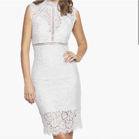 Bardot Dresses & Skirts - Bardot Fitted Blue Lace Paneled High Neck Cocktail Midi Dress Size Small